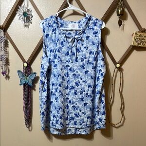 Blue and White Tie Front Sleeveless Blouse